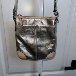 Coach Metallic Silver Crossbody Bag Beige Trim Small Purse